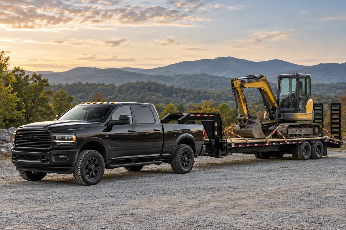 Illustration of a heavy-duty pickup transporting secured equipment on a flatbed trailer